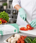 Kickass Sustainable Nitrile Gloves In Vibrant Green, Premium Powder Free And Latex Free Disposable Safety Wear For Restaurant Shifts And Weekend Projects, Hella Grippy 100 Count Large Box used for cutting vegetables in kitchen.