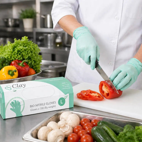Kickass Sustainable Nitrile Gloves In Vibrant Green, Premium Powder Free And Latex Free Disposable Safety Wear For Restaurant Shifts And Weekend Projects, Hella Grippy 100 Count Large Box used for cutting vegetables in kitchen.