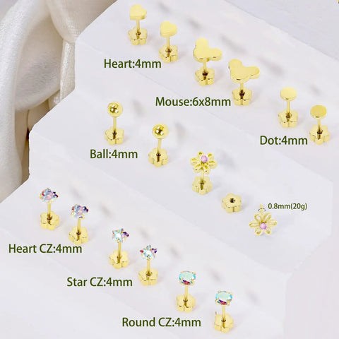 8 Pair Hypoallergenic Earring Set For Babies To Teens, Nickel Free Titanium And 14K Gold Plated Screw Back Studs, flat back