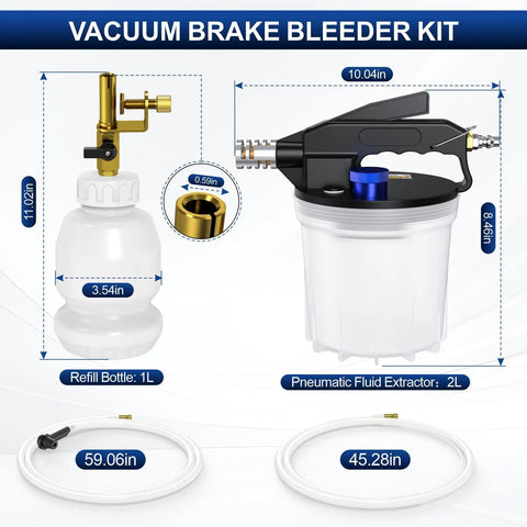 Diagram of One Person Operation Pneumatic Brake Bleeder Kit with Vacuum Assist, showing components and dimensions, 1L bottle included.