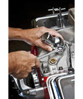 Three Eighths Inch Ratcheting Wrench With Seventy Two Tooth Box End Minimal Five Degree Swing Off Corner Loading in use on engine