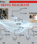 Relay wiring diagram for 2 Pack Power Relay AC 120V Coil 30A SPDT 1NO 1NC With Flange Mounting And 10 Quick Connect Terminals Wires Mini Relay NT90-AC120V-10X For Easy Install And Rugged Pro Grade Control.
