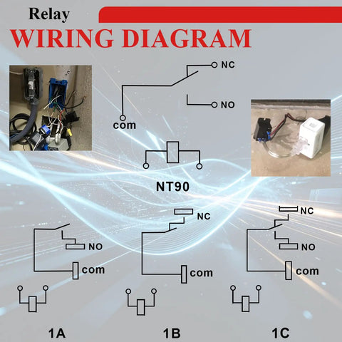 Relay wiring diagram for 2 Pack Power Relay AC 120V Coil 30A SPDT 1NO 1NC With Flange Mounting And 10 Quick Connect Terminals Wires Mini Relay NT90-AC120V-10X For Easy Install And Rugged Pro Grade Control.