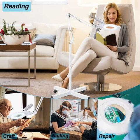 10X Magnifying Floor Lamp With 4 Wheel Rollable Base used for reading and crafts in living room setting
