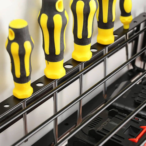 Heavy Duty Wall Mount Power Tool Organizer Kit With Drill Holder And Shelves, Two Pack Black, close-up of screwdriver rack