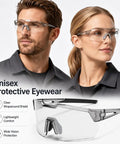 Slick Heavy Duty Photochromic Polarized Safety Glasses With Impact Resistant Lenses For Outdoor Work Featuring Smooth Transition Shades And Dead Serious Anti Glare Protection In Classic Grey worn by man and woman in protective eyewear.