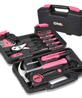 39 Piece Portable Car And Home Emergency Tool Kit With Storage Case Pink for DIY home repairs and car maintenance open view