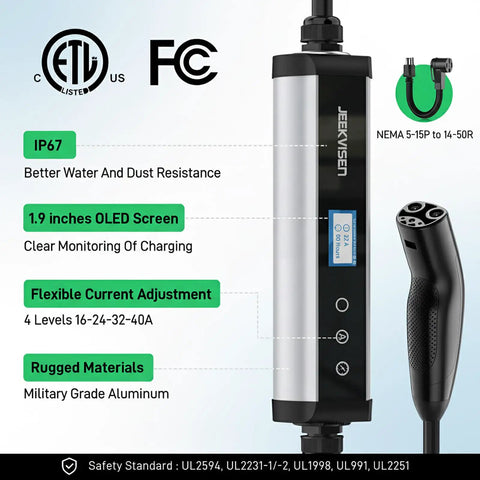 Tesla Level 2 EV Charger 9.6 kW 40A 240V with NEMA 14-50 plug, OLED screen and flexible current adjustment, ETL and FCC certified