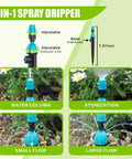 98ft Fast Connect Irrigation System Kit with 12mm and 6mm tubing, adjustable emitters demonstrating 2-in-1 spray modes