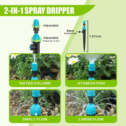 98ft Fast Connect Irrigation System Kit with 12mm and 6mm tubing, adjustable emitters demonstrating 2-in-1 spray modes
