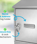 Locking Wall Mount Mailbox Built To Last, Weatherproof Steel With Secure Key Lock, metal flap, name window, two keys visible