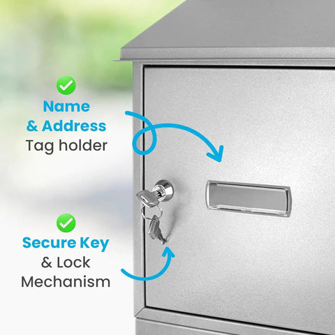 Locking Wall Mount Mailbox Built To Last, Weatherproof Steel With Secure Key Lock, metal flap, name window, two keys visible