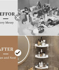 Before and after comparison of messy vs organized bathroom with Super Sturdy Premium Three Tier Corner Shower Caddy.