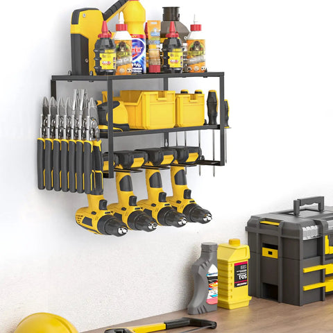 Power Tool Organizer For Wall Mounted Garage, 4 Drill Holders, Floating 3 Layer Tool Rack, Heavy Duty Cordless Drill Holder