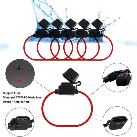 5 Pack Inline Fuse Holders With 16 AWG Waterproof Design And 5A ATC ATO Blade Fuses for automotive and marine use