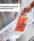 Precision Vacuum Sealer Bags Pre Cut 8.6 By 11.8 Clear Easy Tear Tops Pack Of 50 with salmon inside shown being frozen