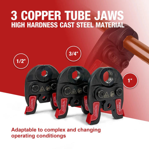 Get Your Hands On This Awesome Mini Copper Press Tool With Battery Powered Cordless Design Featuring Three Jaws For Half Inch And Three Quarter And One Inch Pipes. Three copper tube jaws made of high hardness cast steel with sizes marked.