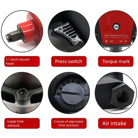 Close-up images showing features of Mini Pneumatic Impact Wrench Loaded With Beast Mode Torque And Five Adjustable Levels Crushing 1300 To 2400 Nm.
