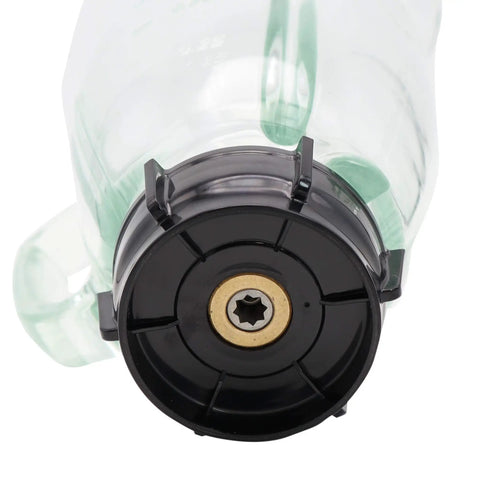 Bottom view of Replacement 48 Ounce Glass Jar Set For Blenders 6 Piece Cup Assembly with black base for Oster blenders.