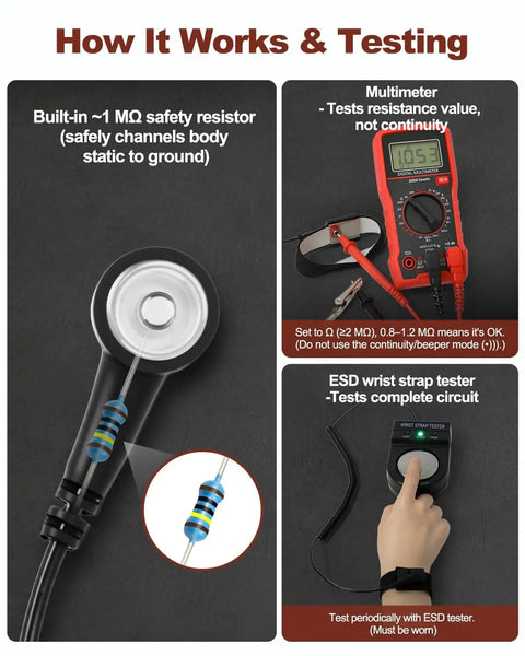 ESD Safe Anti Static Wrist Strap With Adjustable Fit And Alligator Clip testing setup with multimeter and resistor details.