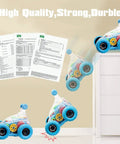 Light Up Sensory Toy Car For Kids With Autism, Bump And Go Monster Truck jumping off table with durability reports.