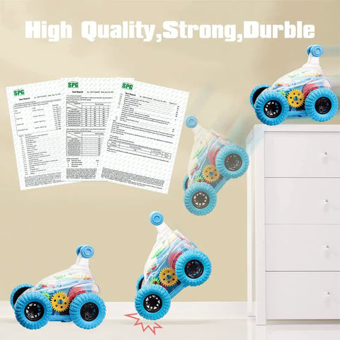 Light Up Sensory Toy Car For Kids With Autism, Bump And Go Monster Truck jumping off table with durability reports.