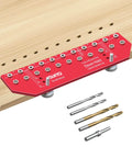 11 Hole Shelf Pin Jig For Cabinets And Wardrobes, Adjustable Shelf Hole Jig With One Quarter Inch And Five Mm Drill Bits, shown with wood