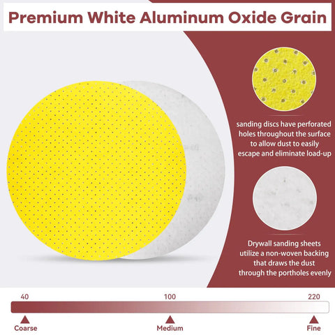 Premium 9 Inch Drywall Sanding Discs With Extra Holes For Dust Free Work, showing yellow perforated discs and backing.