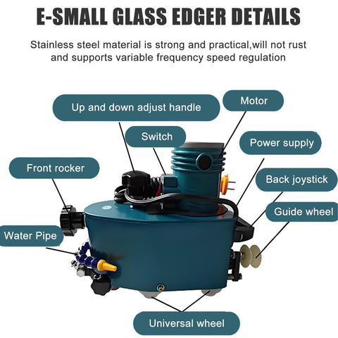 Handheld Glass Edge Polishing Grinder, Portable Electric Glass Beveling Machine, 8000 RPM, 8 Diamond Wheels, labeled parts view