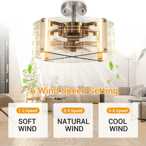 Ceiling Fan With Lights And Remote, 4-Light LED Chandelier Fandelier in living room, showcasing 6 wind speed settings.