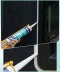 Non Leveling RV Roof Sealant 2 Pack Non Sag Lap Sealant For Roofs White Waterproof Caulking being applied to vertical surface.