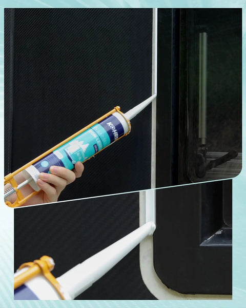 Non Leveling RV Roof Sealant 2 Pack Non Sag Lap Sealant For Roofs White Waterproof Caulking being applied to vertical surface.