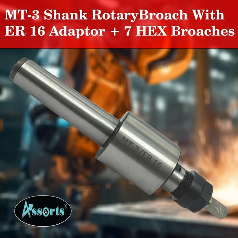 MT3 Rotary Broach Tool Holder Kit With ER16 Adapter And 7 Hex Imperial Broaches, foreground with metal background