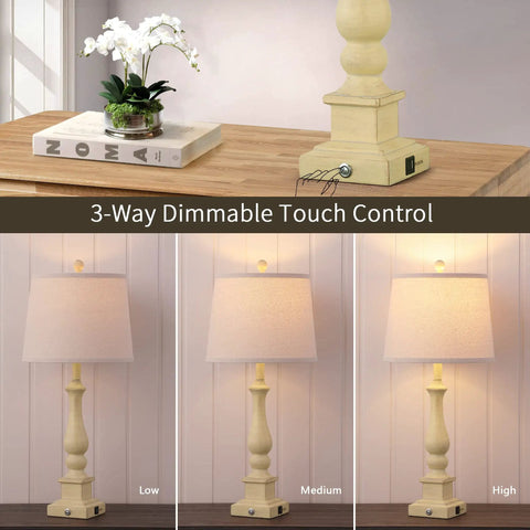 Three Way Dimmable Touch Control Table Lamps Set Of 2 With USB Charging Ports Farmhouse Linen Drum Desk Lamps For Bedroom And Living Room Cozy Nightstand Lighting displayed on wooden table.