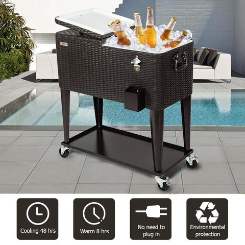 80 Quart Rolling Ice Chest Cooler Cart For Patio And Parties Portable Beverage Bar With Shelf Locking Wheels Bottle Opener Brown Finish Holds 96 Cans And Keeps Drinks Cold For Backyard Gatherings