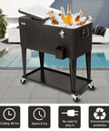 80 Quart Rolling Ice Chest On Wheels Portable Patio Party Bar Drink Cooler Cart With Wicker PP Rattan Shelf Keeps Cold 48 Hours And Warm 8 Hours For Outdoor Barbecues And Poolside Entertaining With Bottle Opener, shown with open lid and bottles on ice.