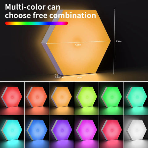 Hexagon LED Wall Panels With Remote And Touch Control, 13 Color RGB Hex Lights Kit showing multi-color options and dimensions