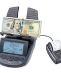 RS 2200 Money Counting Scale with RTP 300 Report Printer showing mixed bills and digital display, connected via USB.