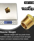 Front view: two brass 1/2in NPT male to 1/8in NPT female reducing pipe fittings with hex heads, pack of 2