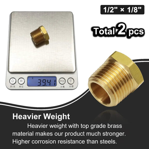 Front view: two brass 1/2in NPT male to 1/8in NPT female reducing pipe fittings with hex heads, pack of 2
