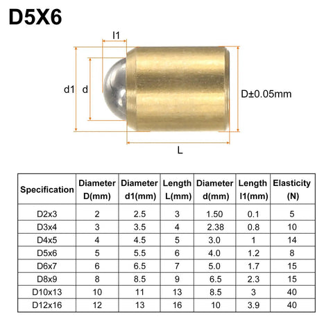 10 Pack Brass Ball Spring Plungers 5X6MM No Step Positioning Pins showing dimensions and specifications of plunger components.