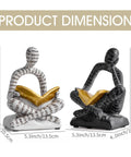 Heavy Duty Decorative Book Ends For Shelves With Thinker Statue Design showing dimensions and reading posture in eco resin.