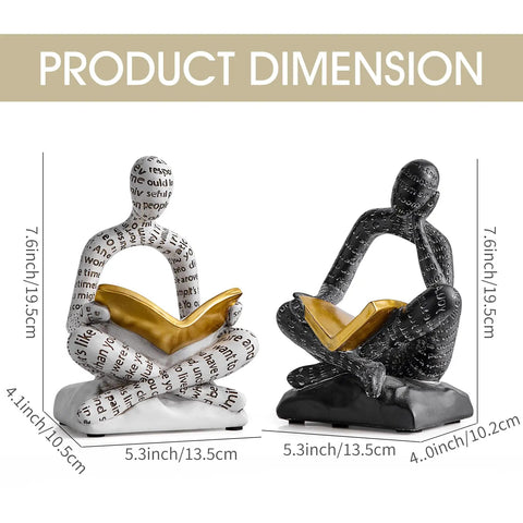 Heavy Duty Decorative Book Ends For Shelves With Thinker Statue Design showing dimensions and reading posture in eco resin.