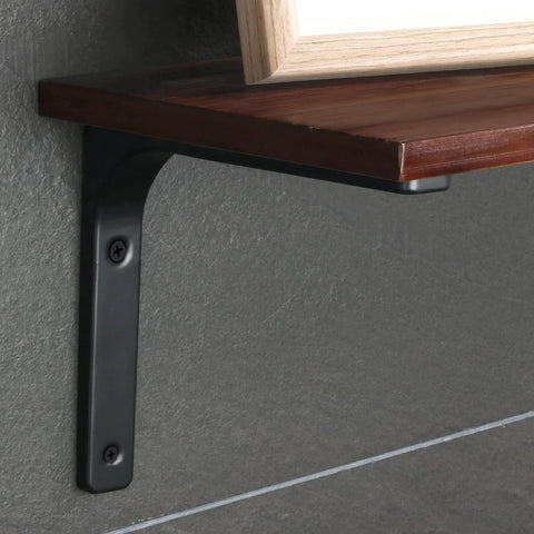 Close-up of 4 Pack Iron Wall Shelf Brackets 4 x 4 Inch Heavy Duty Shelf Support in matte black with wooden shelf installed
