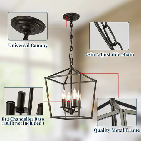 Four Light Black Farmhouse Chandelier With Industrial Metal Cage Adjustable Height Rustic Hanging Light With E12 Base features.