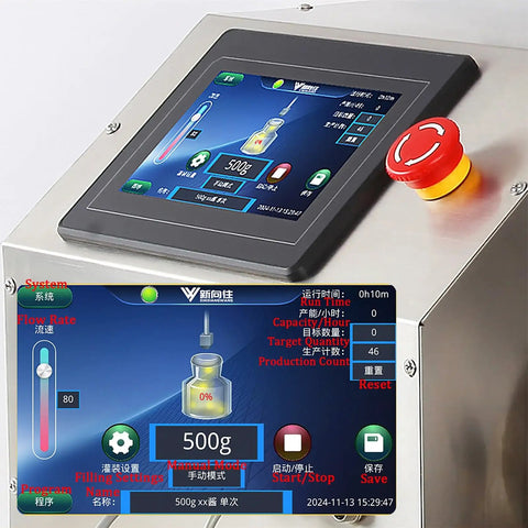 Heavy Duty Stainless Steel Paste Filling Machine With Wide Mouth Hopper For No Sweat Bottle Filling At 40 Liters Per Minute control panel close-up.