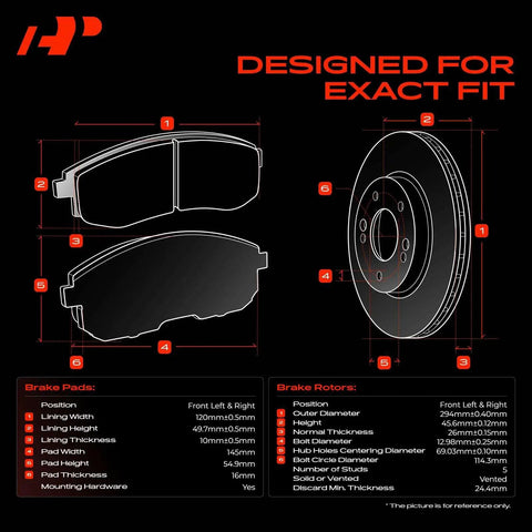 Detailed dimensions of Heavy Duty Front Brake Rotors And Top Shelf Ceramic Pads Set For Jeep Compass Cherokee And Mitsubishi Outlander Lancer 11 57 Inch 294Mm.