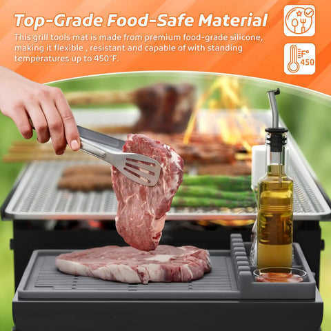 Silicone Griddle Tools Mat For Blackstone Griddles Outdoor Grill Side Shelf Organizer holding meat and seasoning jar