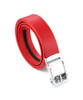 Red genuine leather ratchet dress belt with automatic sliding buckle, minimalist style, 1.3 inches wide, coiled view.
