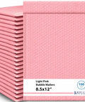 Stack of light pink 8.5 by 12 inch bubble mailers self seal padded envelopes air cushioned waterproof lightweight shipping bags
